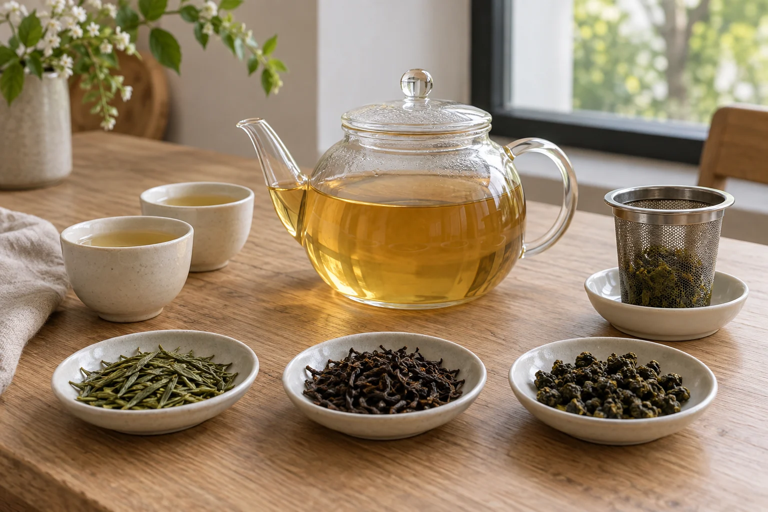 Théière en verre, infuseur retiré sur une soucoupe et trois variétés de feuilles de thé.